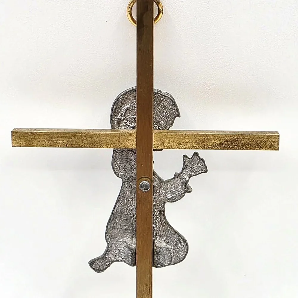 Wall Cross Crucifix with Pewter Praying Child Gold Toned Brass Baptism Gift 6 In